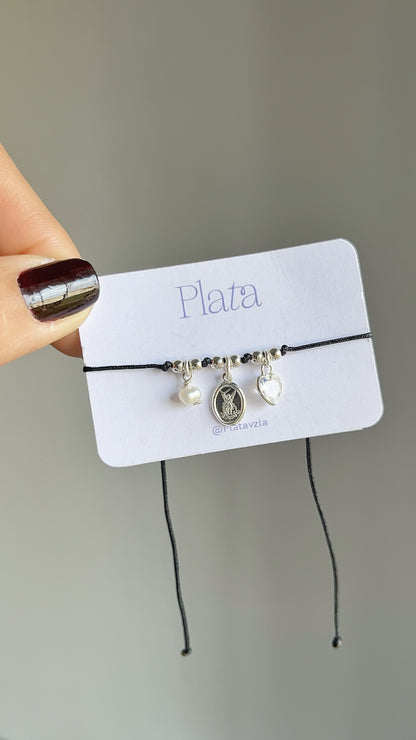 Pulsera Ajustable Perla, San Miguel y Corazon - Plata 925