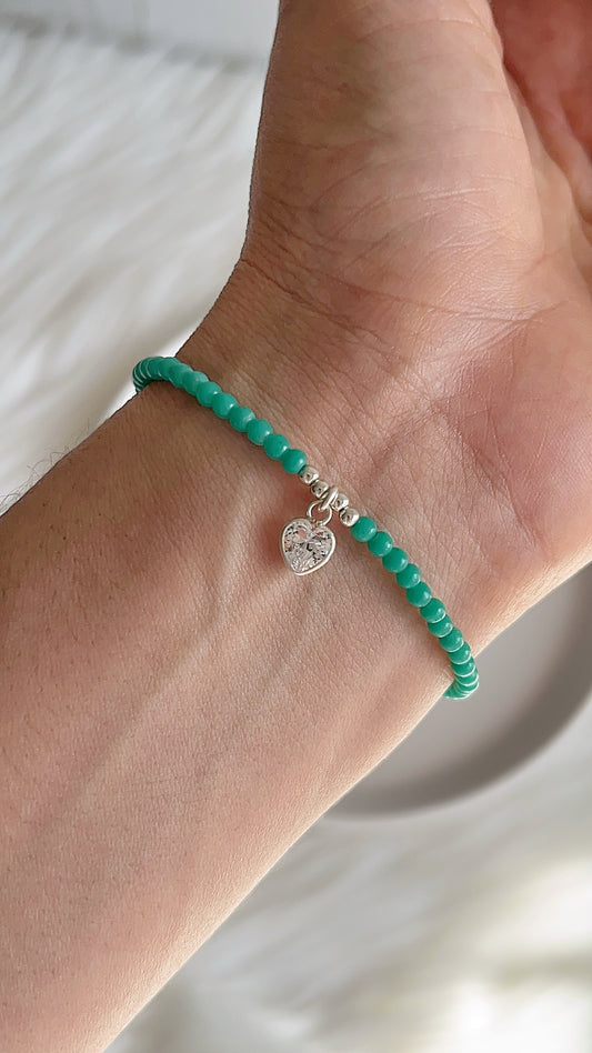 Pulsera Agata, Dije de Corazón y Balines 17,5cm  - Plata 925