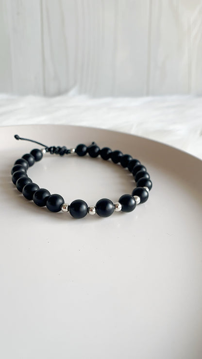 Pulsera Caballero Ajustable - Piedra Onix con Balines - Plata 925