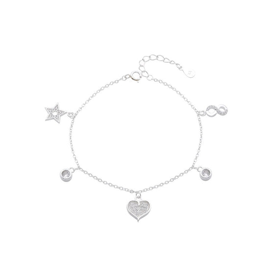 Pulsera Dijes Estrella, Corazon, Infinito y 2 Puntos de Luz 20cm - Plata 925