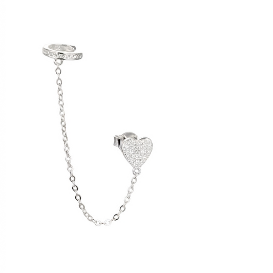 Zarcillos corazones con cadena y ear cuff Plata 925
