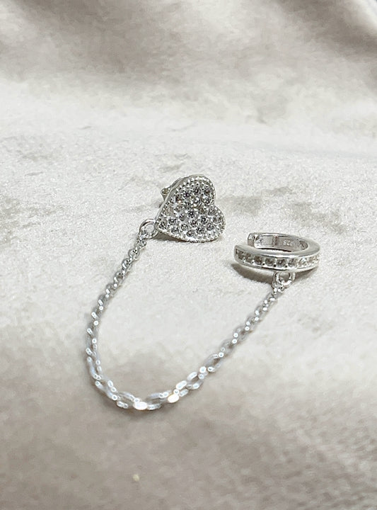 Zarcillo Solitario Corazon con Ear Cuff - Plata 925