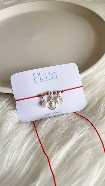 Pulsera Ajustable Perla, San Miguel y Corazon - Plata 925