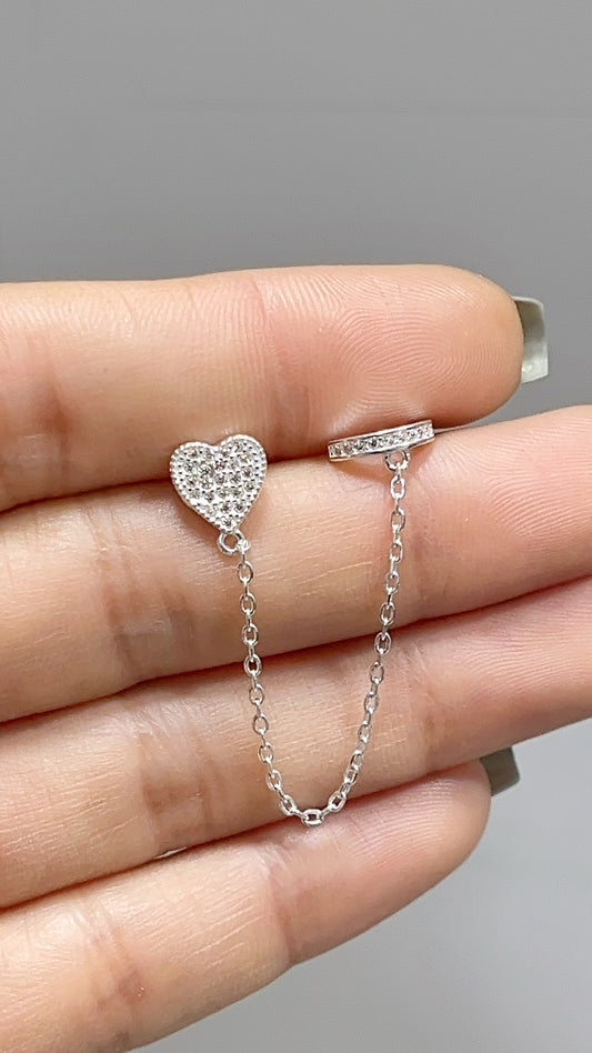 Zarcillo Solitario Corazon con Ear Cuff - Plata 925