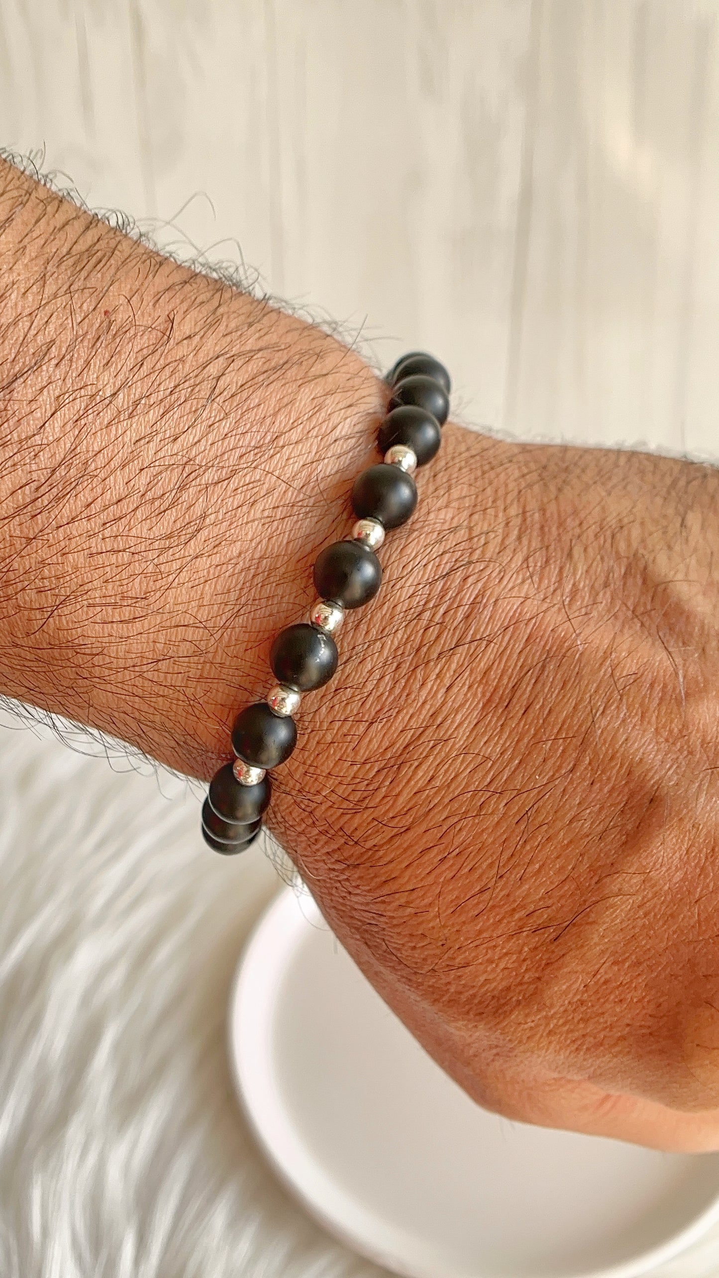 Pulsera Caballero Ajustable - Piedra Onix con Balines - Plata 925