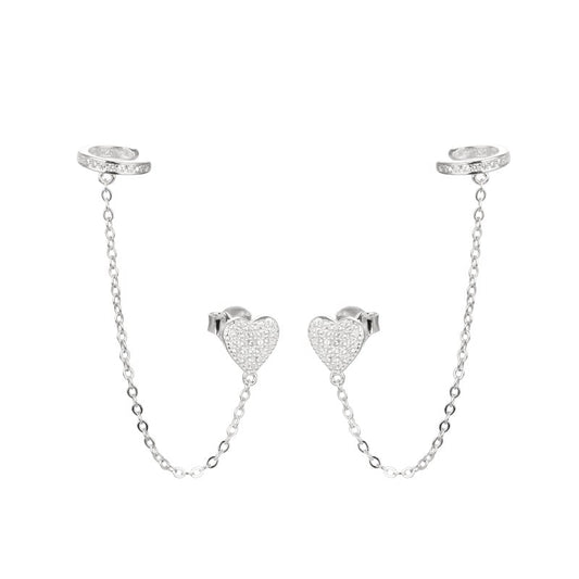 Zarcillos corazones con cadena y ear cuff Plata 925