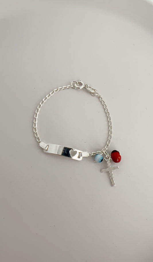 Esclava Corazon con Dijes Pionia, Ojo y Cruz - Plata 925