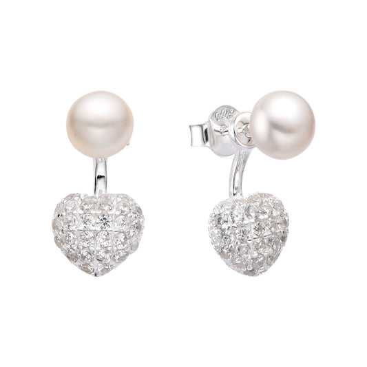 Zarcillos Perlas y Corazón Brillante Plata 925