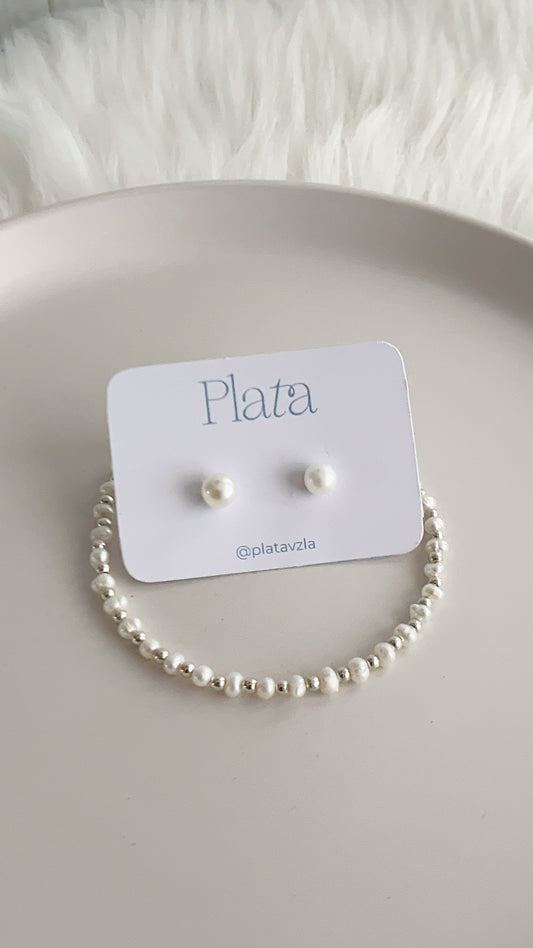 Set Pulsera y Zarcillos de Perlas - Plata 925