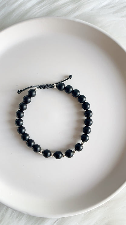 Pulsera Caballero Ajustable - Piedra Onix con Balines - Plata 925