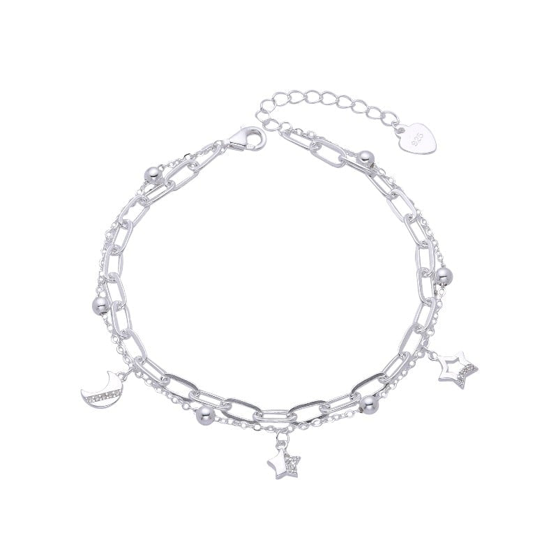 Pulsera Dobles Estrellas y Luna 20cm - Plata 925