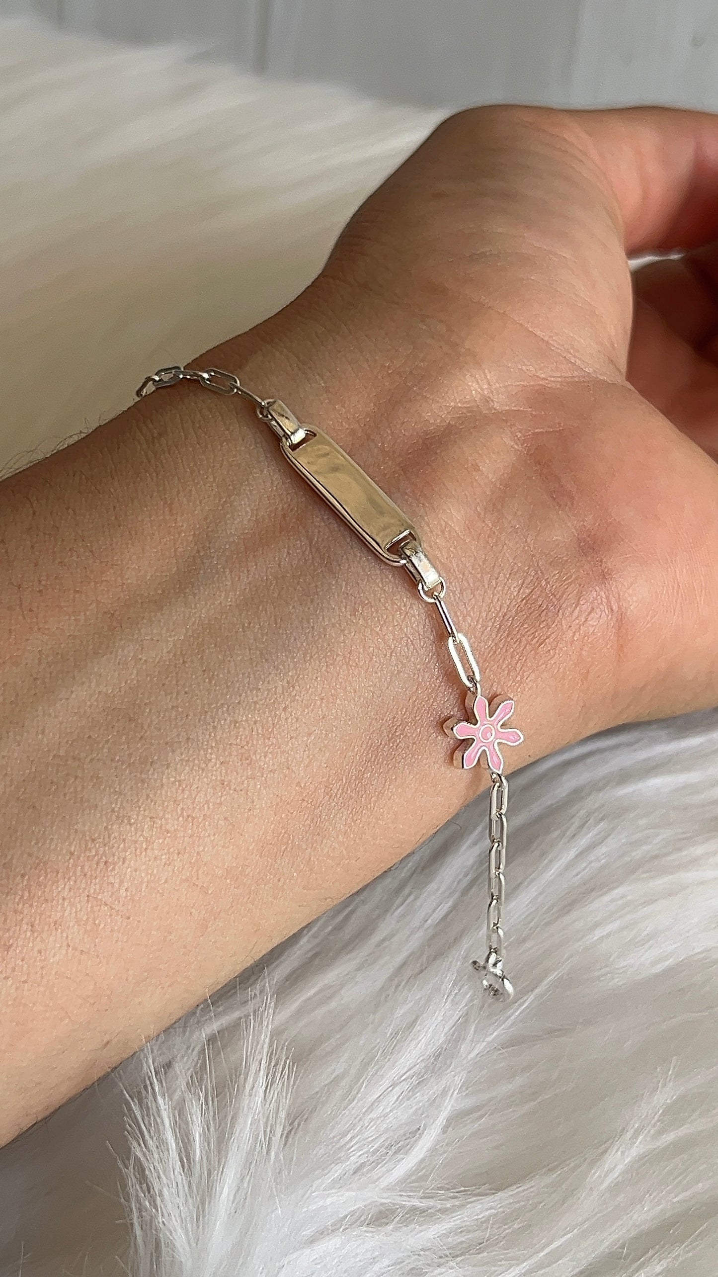 Esclava Flor Rosada 16cm Ajustable - Plata 925