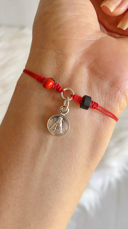 Pulseras Hilo Ajustables con Pionia, Azabache y Virgen del Valle Plata 925