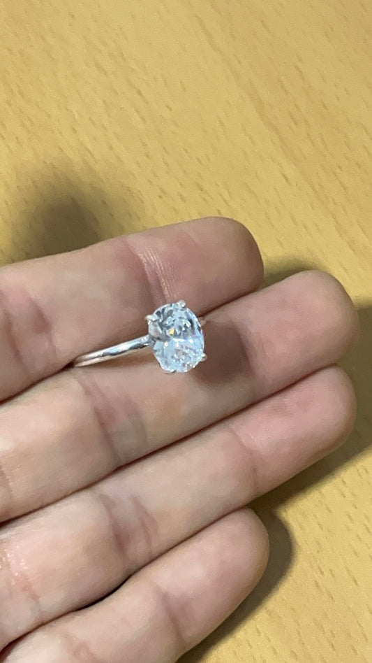 Anillo Solitario Cristal Ovalado Grande Plata 925