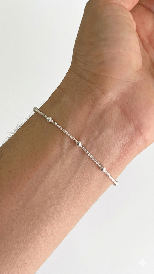 Pulsera Tejido Coreano Bolita Lisa 3mm 19cm - Plata 925