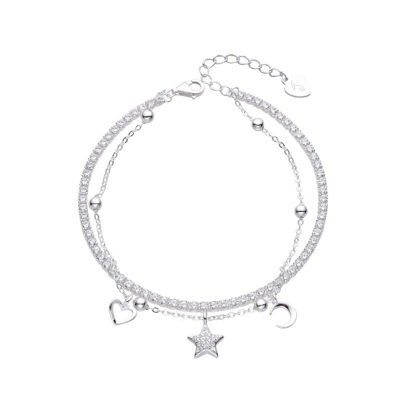 Pulsera Doble Corazón, Estrella y Luna 20cm - Plata 925