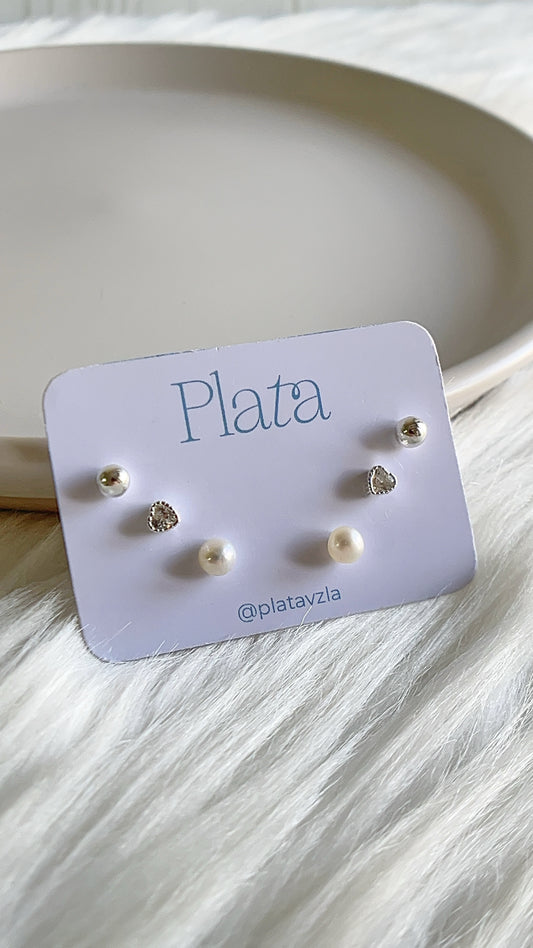 Set 3 Zarcillos: Bolas, Corazones y Perlas - Plata 925