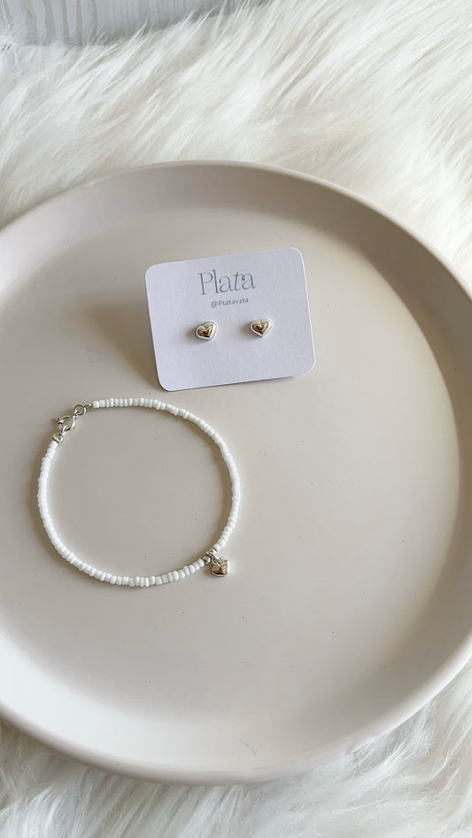 Set Pulsera Mostacilla 17cm - Zarcillos 6mm - Plata 925