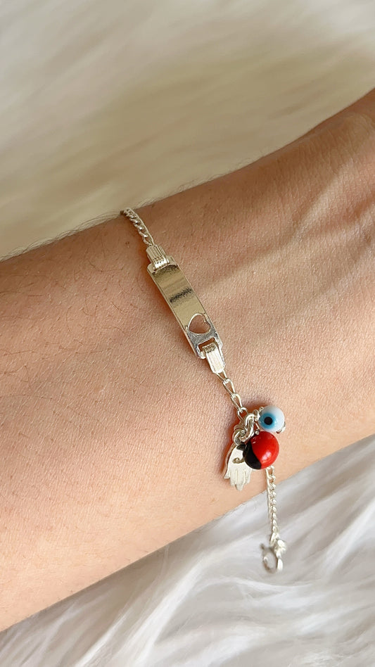Esclava Corazon con Dijes Pionia, Ojo y Mano - Plata 925