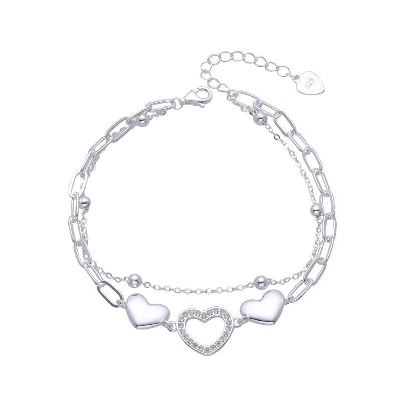 Pulsera Doble 3 Corazones 20cm - Plata 925