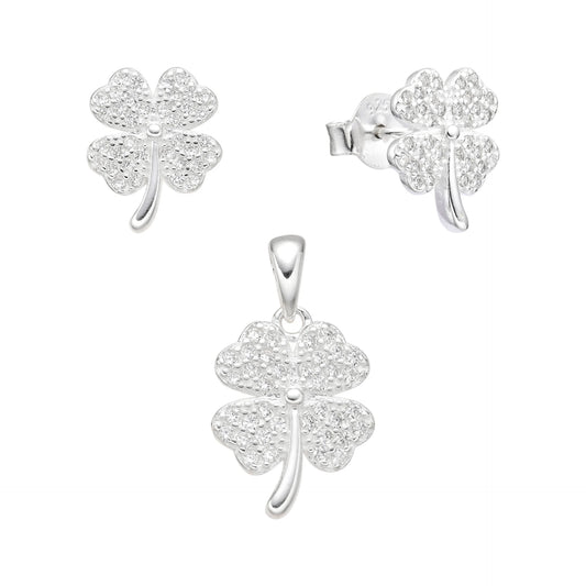 Juego Zarcillos y Dije Trébol Brillante Plata 925