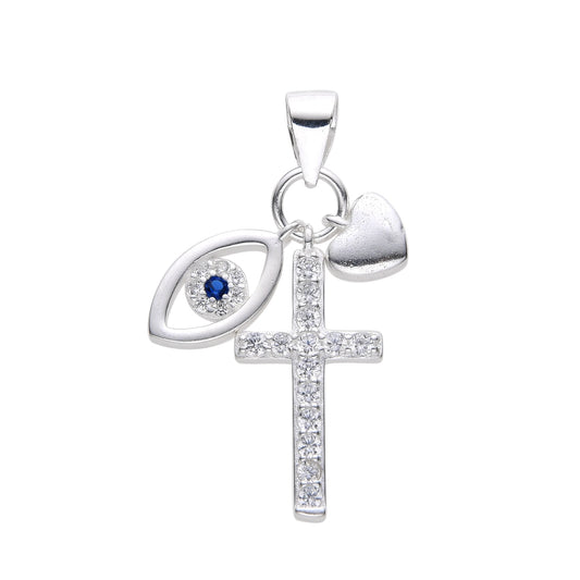 Dije Triple Cruz, ojo y Corazón Plata 925