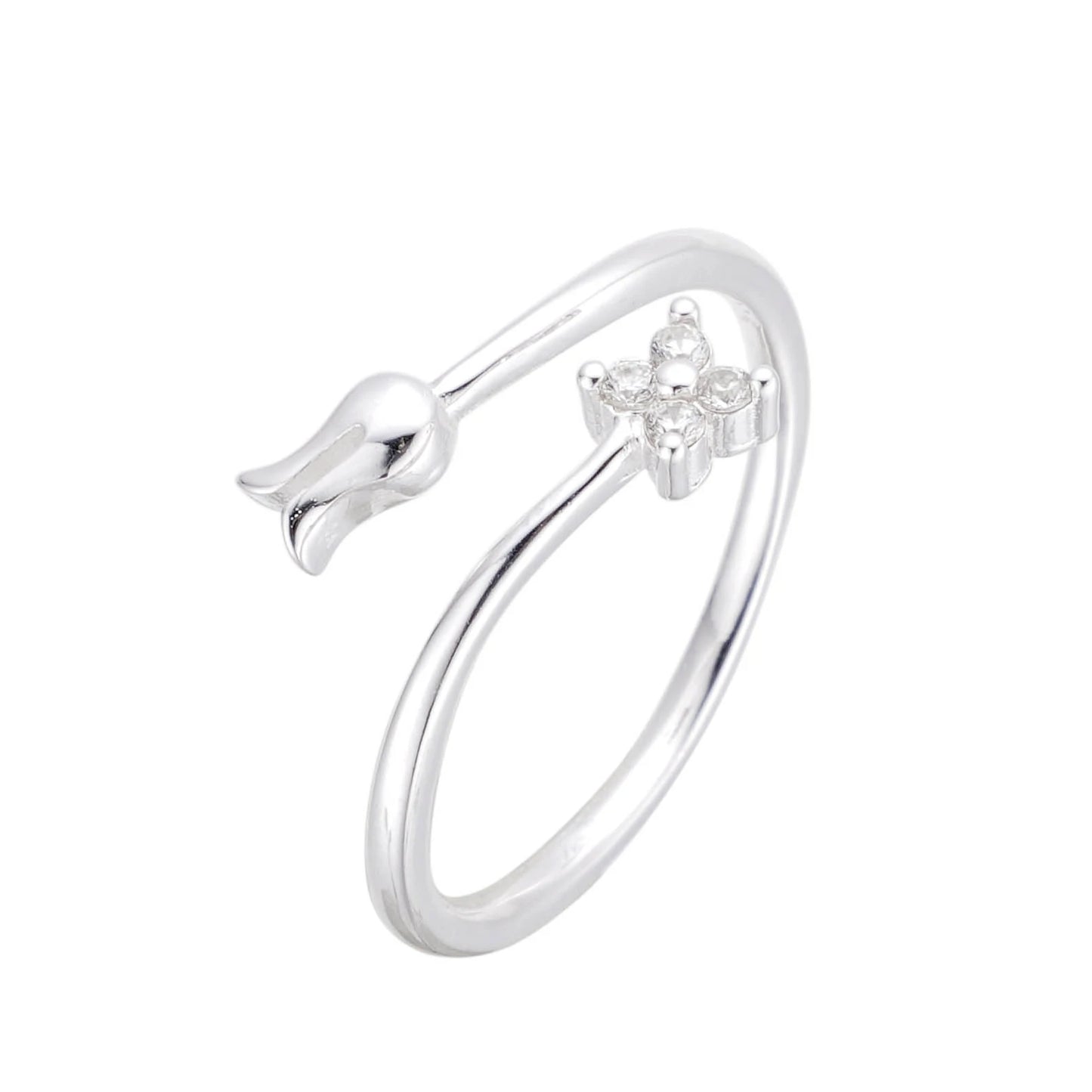 Anillo Flor y Cristal Ajustable - Plata 925
