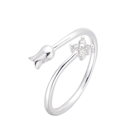 Anillo Flor y Cristal Ajustable - Plata 925